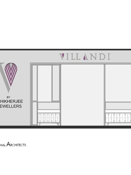 An elevation drawing for the Villandi '23 stall, illustrating the design of the exterior facade. This plan shows the intended proportions of the entrance, display windows, and branding elements.