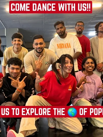 A call to action to join our Popping classes. This image, featuring a happy class, invites you to explore the world of popping with us.