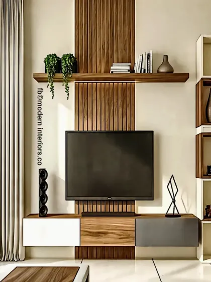 This TV unit design combines multiple textures and forms, including a central wooden panel, a mixed-material console, and unique box shelving on the side. It's a perfect example of an eclectic modern style that is both artistic and functional.