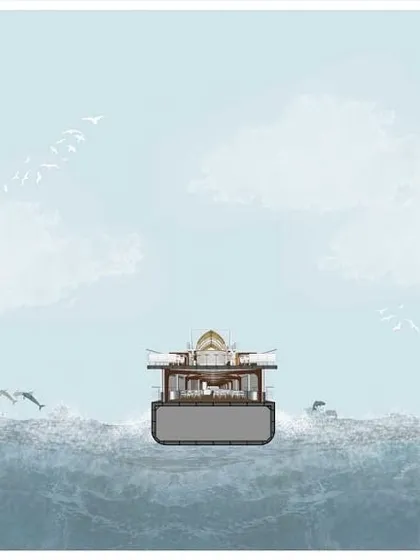 A conceptual illustration showing the restaurant's elevation as seen from the water. This artwork captures the intended feeling of the vessel at sea, blending architectural form with the natural environment of the Arabian Sea.
