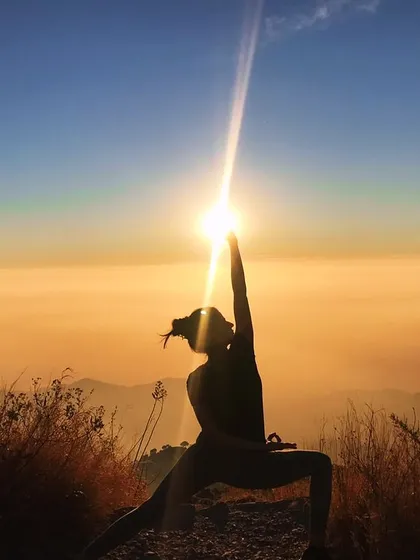 Holding a pose as the sun creates a perfect ray of light feels like channeling energy directly from the source. This is a moment of pure connection during a sunset yoga session in the Himachal hills.