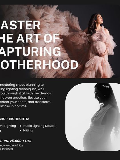 A promotional graphic for the "Master the Art of Capturing Motherhood" workshop with highlights and pricing.