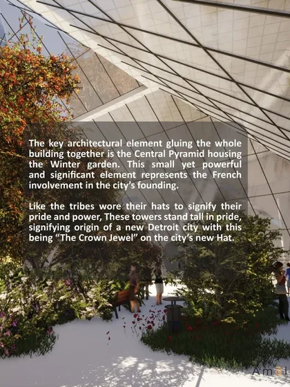 A key concept for our Detroit proposal was the central pyramid housing a 'Winter Garden'. We envisioned this as a significant public space, a green lung for the building that represents a new beginning for the city.