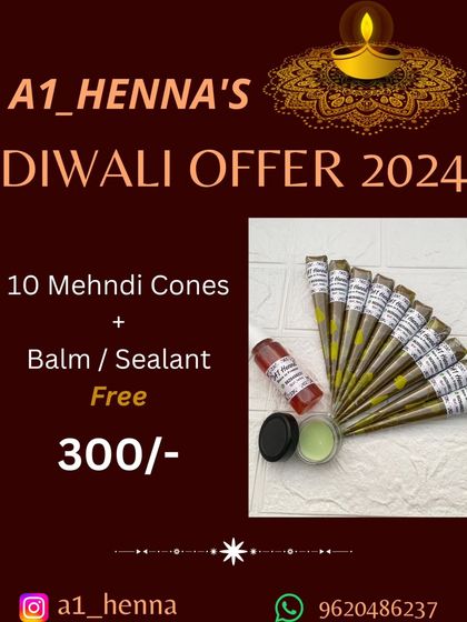 A popular Diwali deal: 10 of my fresh, organic mehndi cones plus a free aftercare balm or sealant spray.