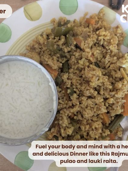 A comforting dinner of Rajmudi rice pulao and lauki raita made with peanut curd. This meal is a celebration of traditional flavors and wholesome ingredients, perfect for nourishing the body and mind at the end of the day.