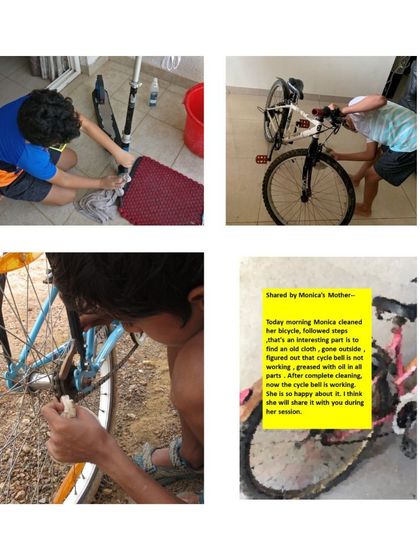 A collage showing kids actively participating in our bicycle cleaning and maintenance module. They learn step by step how to care for their bikes, from washing the frame to greasing the chain.