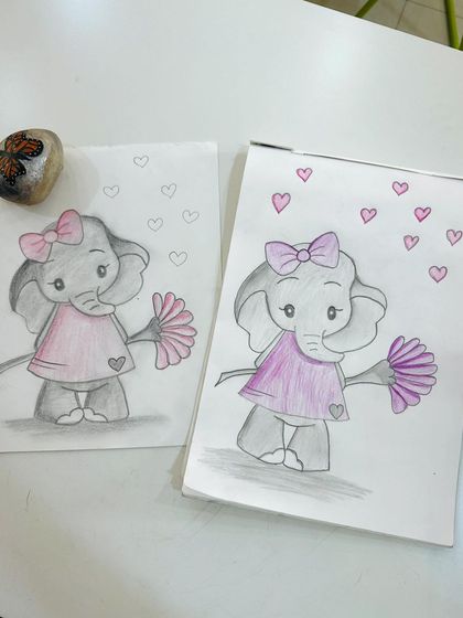 A cute elephant character, first sketched in pencil and then brought to life with soft color.