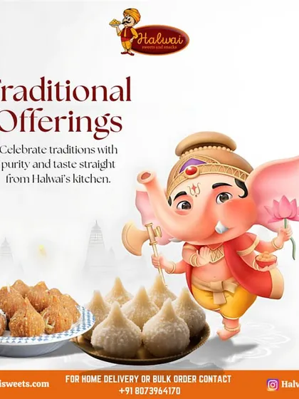Traditional offerings for Ganesh Chaturthi. Celebrate with purity and taste straight from our kitchen, featuring different varieties of modaks perfect for your puja.