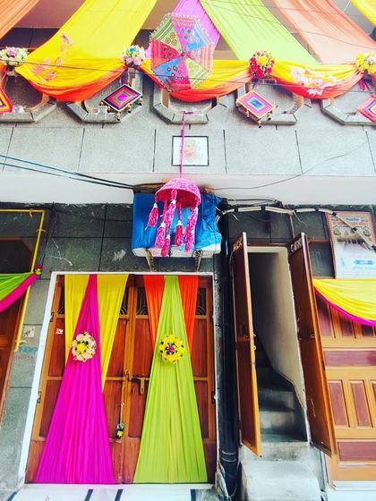 A close-up of the decorated doorways, showing how the festive theme is carried through every part of the house.