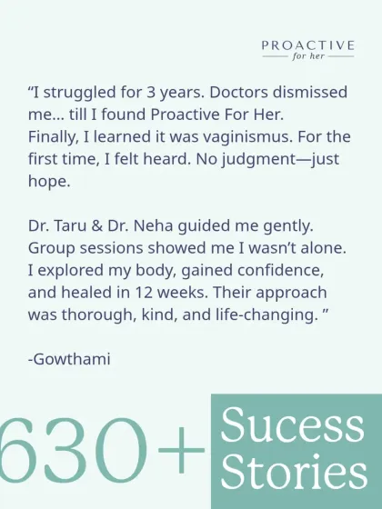 "I struggled for 3 years. Doctors dismissed me... till I found Proactive For Her." This is a real story from Gowthami, one of over 630 women who found hope and healing through our guided vaginismus program.