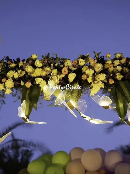 As dusk settled, the lighted butterflies on the entrance arch began to glow, creating a truly enchanting welcome for the evening's guests.