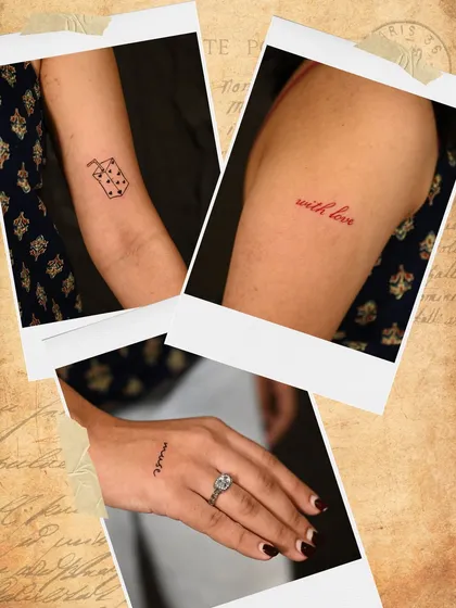 A collection of small, meaningful tattoos for one client in a single session. We brought her ideas of 'muse', a juice box, and 'with love' to life.