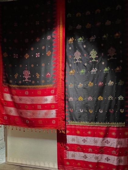 Two magnificent embroidered textiles hanging at the Pampa exhibition in Hampi. These pieces tell stories of our culture, our rulers, and our artisans.