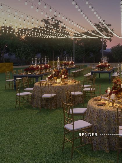 Render: We designed this sangeet reception with a warm, inviting glow. The render shows our plan for string lights creating a canopy over elegant dinner tables, with a layout that encourages conversation and celebration under the stars.