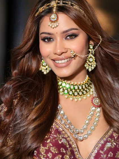 A bright, engaging portrait where the bride's smile lights up the frame. The makeup is fresh and luminous, perfect for a modern bride who wants to look like the best version of herself.