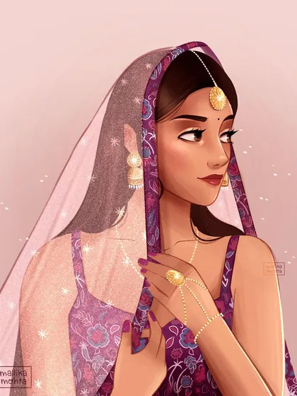 The full portrait from my 'Indian Girl' redraw. Comparing this to the original shows my growth in composition, color harmony, and overall character appeal.