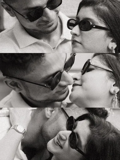 A triptych of intimate, black and white moments between Alicia and Jeff. These close-ups focus on their expressions and interactions, telling a story of their connection.