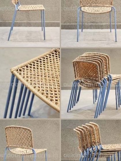 This collage showcases another one of our stackable chair designs, featuring a natural-colored weave on a sturdy metal frame, combining aesthetics with practicality.