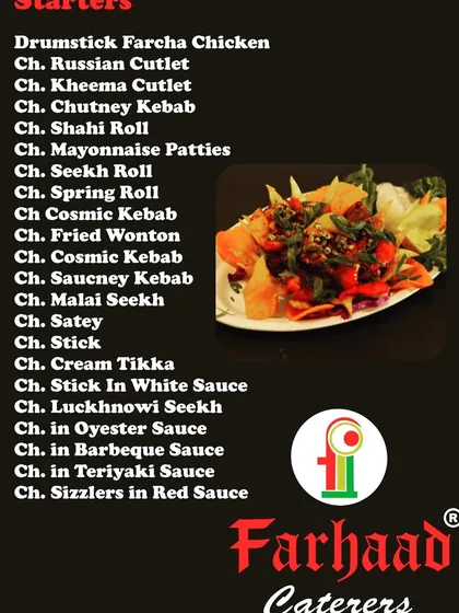 Our catering menu also includes a diverse range of fried and specialty chicken starters. Options include Chicken Russian Cutlets, Spring Rolls, Fried Wontons, and various chicken satay and stick preparations.