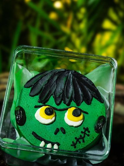 A close-up of the Frankenstein's monster mini bento cake.