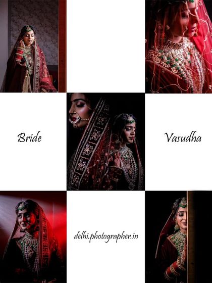 This collage showcases the variety of shots we can achieve in a single bridal session. It includes dramatic poses, close-ups, and different lighting setups to build a complete visual story.
