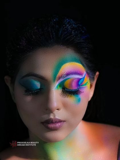 A close-up on the eye, where a kaleidoscope of colors comes together. This is a perfect example of using makeup to express pure joy and creativity.