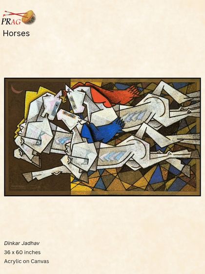 An abstract, cubist-inspired painting of horses by Dinkar Jadhav, their forms fragmented into geometric shapes, conveying movement and energy.