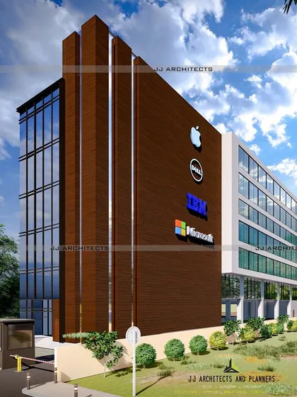 A 3D concept design for a 1,50,000 sq. ft. commercial office building in Mohan Cooperative, Delhi. The design features a modern glass curtain wall and a distinctive wood-paneled facade, intended for major tech tenants.