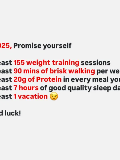 Here's a promise to make to yourself for the year: commit to a specific number of workouts, walks, protein intake, and sleep. Setting clear, actionable goals is the key to success.