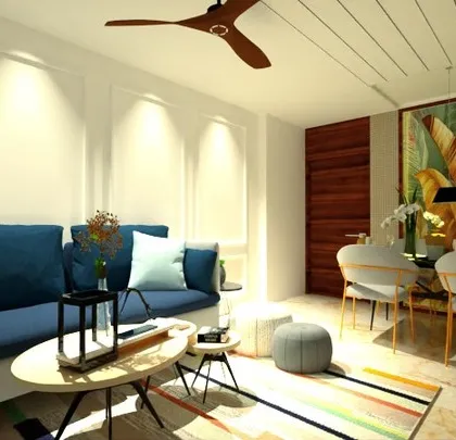 Another angle of the living room concept, showing the soft lighting and cozy atmosphere we aimed to create. The design is perfect for relaxing and unwinding after a long day.