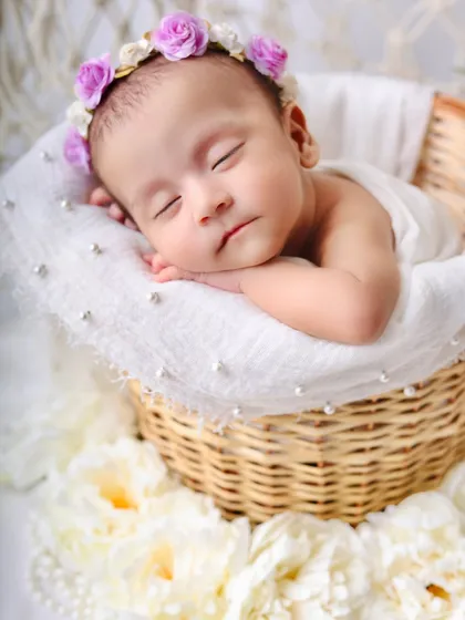 Another beautiful pose of the baby sleeping in the basket, head resting on hands. This classic newborn pose is always a favorite.