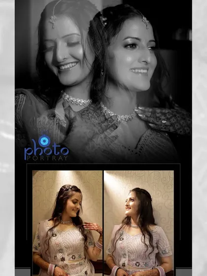 A creative album page for an engagement, using black and white overlays and modern layouts to showcase the bride's portraits.