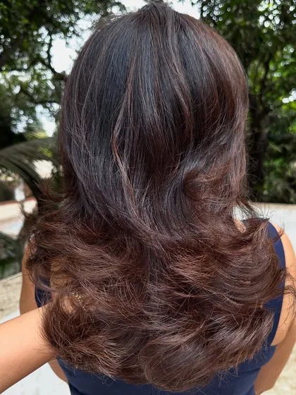 Holiday ready in 'Chocolate Truffle'. This set shows the transformation from grown-out color to a rich, dark chocolate brown. I also included a shot showing how the color settles beautifully after 10 days.