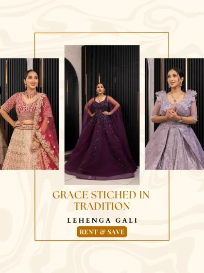 Grace stitched in tradition. From a classic red bridal lehenga to a deep purple reception gown, our rental collection blends traditional grace with modern style.