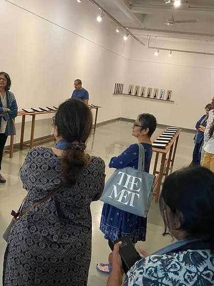 Pushpamala N leading a walkthrough for Shakuntala Kulkarni's show.