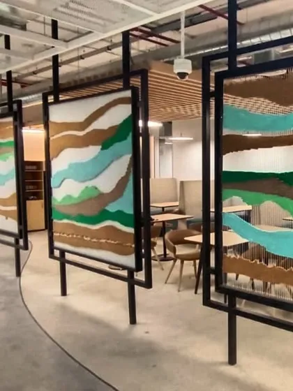 Art can redefine a corporate environment. For a client in Hyderabad, I designed and created these large-scale tapestry installations to act as beautiful, functional space dividers. It shows how I can work with different materials like textiles and metal to bring texture and life to office interiors.