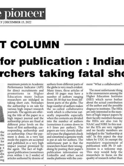 An article from The Pioneer newspaper highlighting the dangerous shortcut of "cash for publication." This is a serious issue of academic integrity that researchers must avoid.