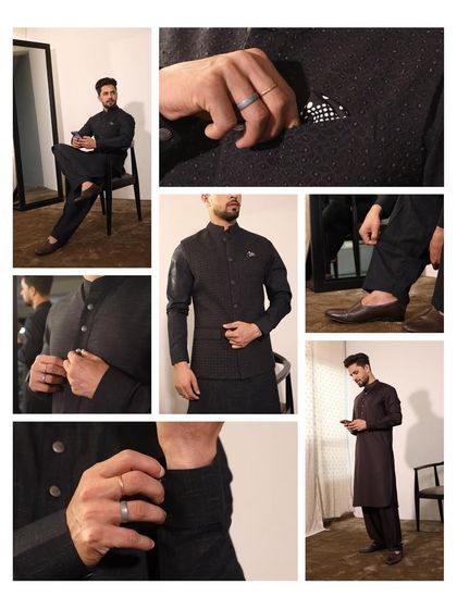 A grey-black mosaic textured jacket embellished with french knots, paired with a melange kurta and salwars. A sophisticated choice for any festive occasion.