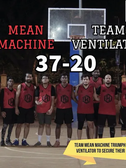 The final score from a Hooplah '24 men's game, where Team Mean Machine secured their first win.