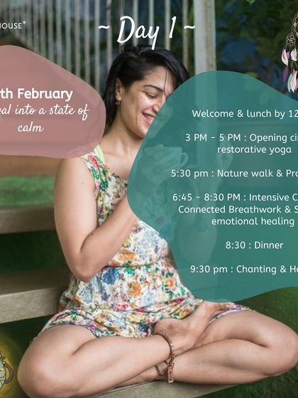 Here is the schedule for Day 1 of our Nashik retreat, focusing on arriving into a state of calm. The day unfolds with restorative yoga, a nature walk, and intensive breathwork to begin the process of somatic healing.