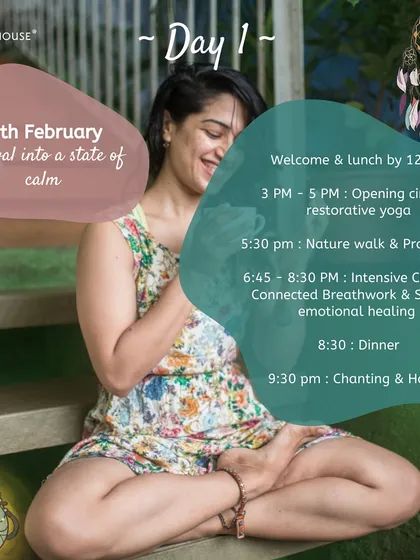Here is the schedule for Day 1 of our Nashik retreat, focusing on arriving into a state of calm. The day unfolds with restorative yoga, a nature walk, and intensive breathwork to begin the process of somatic healing.