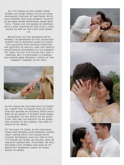 A beautiful layout combining romantic text with a collage of intimate moments from a pre-wedding shoot.