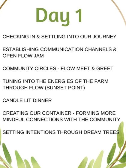 The schedule for Day 1 of the flow fest, focusing on settling in, community circles, and setting intentions for the journey ahead.