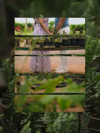 An artistic shot focusing on the couple holding hands over a bed of cacti, with a creative framing of green leaves.