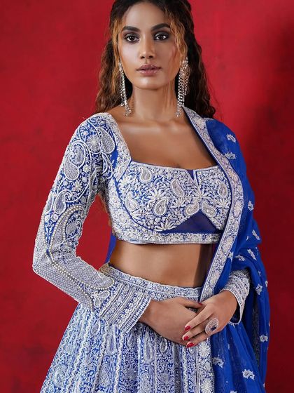 A close-up of the blouse of the blue and white lehenga, showing the detailed embroidery on the sleeves.
