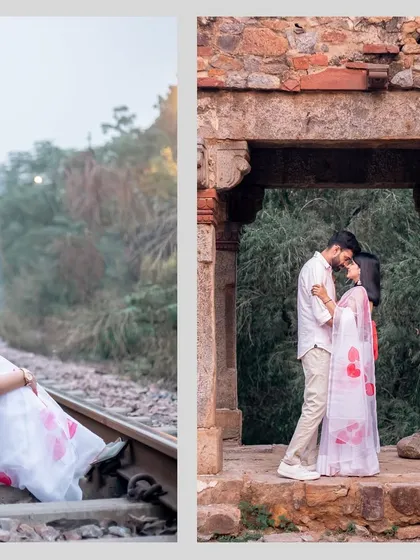 A collage featuring a couple in a natural setting, from sitting on railway tracks to posing in a historic archway, telling a story of adventure and romance.