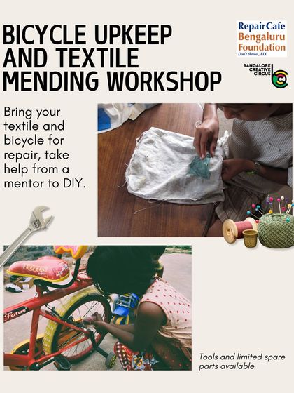 Learn to repair and upcycle at our Re Market. This poster advertises our Bicycle Upkeep and Textile Mending Workshop, where you can bring your own items and learn valuable DIY repair skills from mentors.