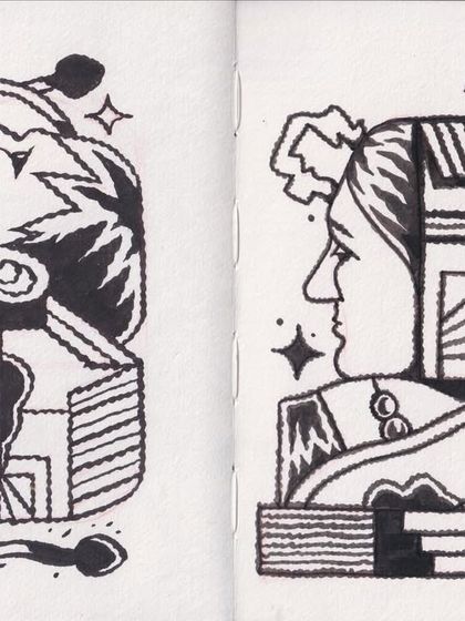 A sketchbook spread with two surreal, black-and-white ink drawings. I often explore dream-like concepts and abstract figures in my personal work.