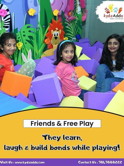 Friends having fun together in the foam block pit. My play areas are designed to encourage social interaction, where kids can learn, laugh, and build bonds.