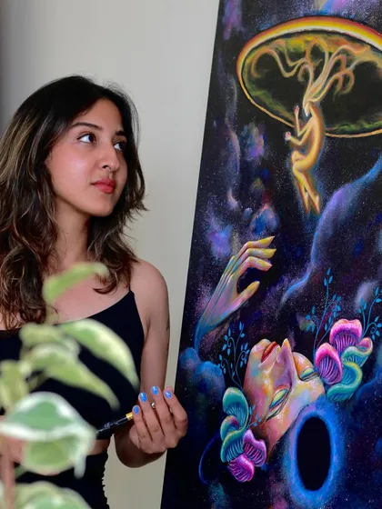The glowing elements in this painting represent the inner light that I believe we all carry, a fraction of the universal source.